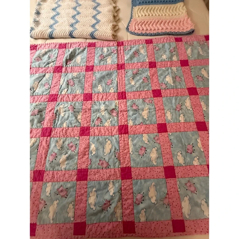 Handmade Baby Blanket Bundle Flying Pigs Quilt Crochet Chevron Pink Blue 3pc Set